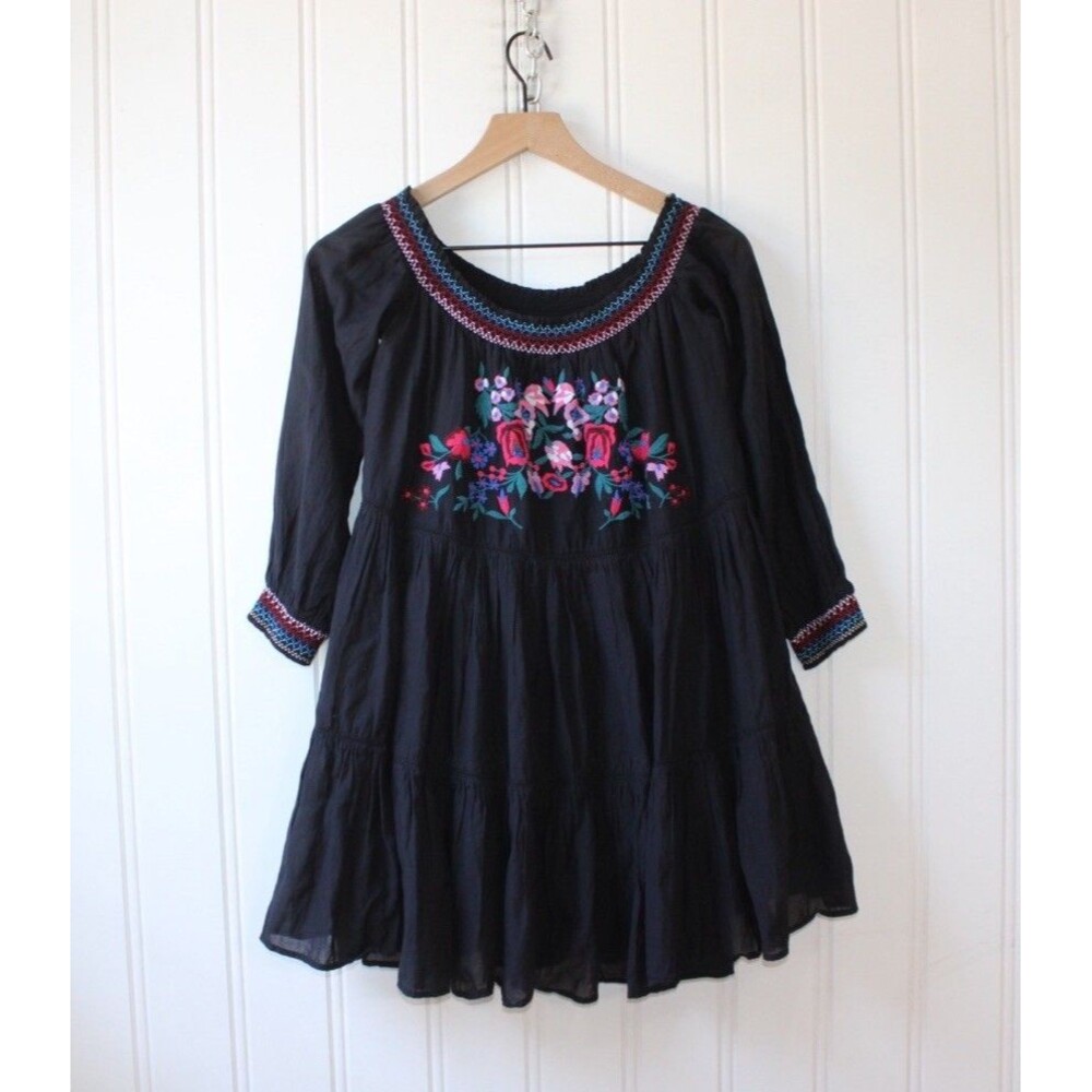 Free People Sunbeams Embroidered Mini Dress Black Boho Peasant 3/4 Sleeve Size S